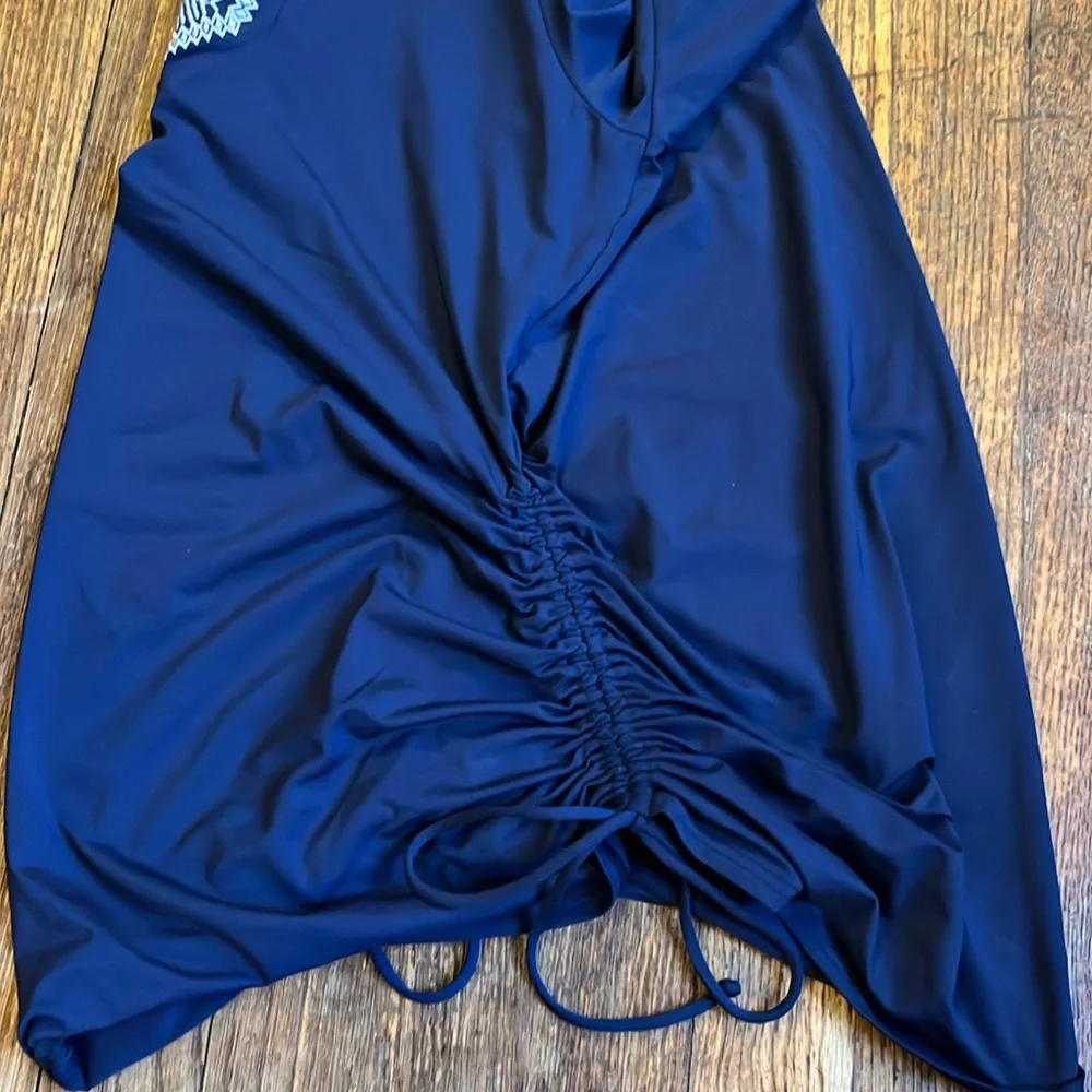 Lands End rashguard swim top dark blue white appliqué S preppy vacation beach